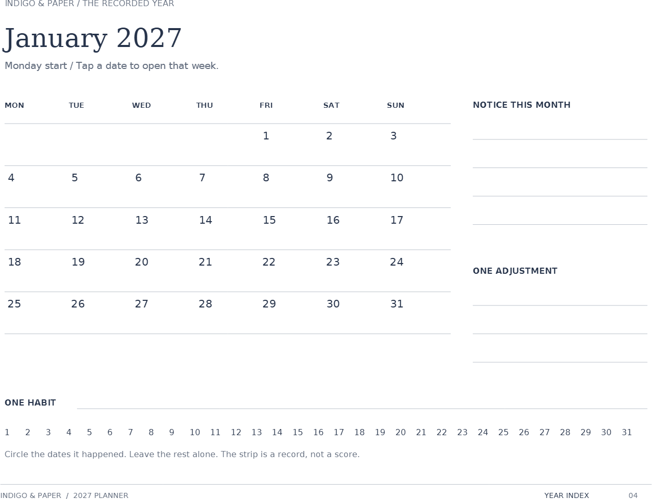 The 2027 Planner: Page 4 of 68: January, one of the 12 monthly spreads, with its one-habit strip.